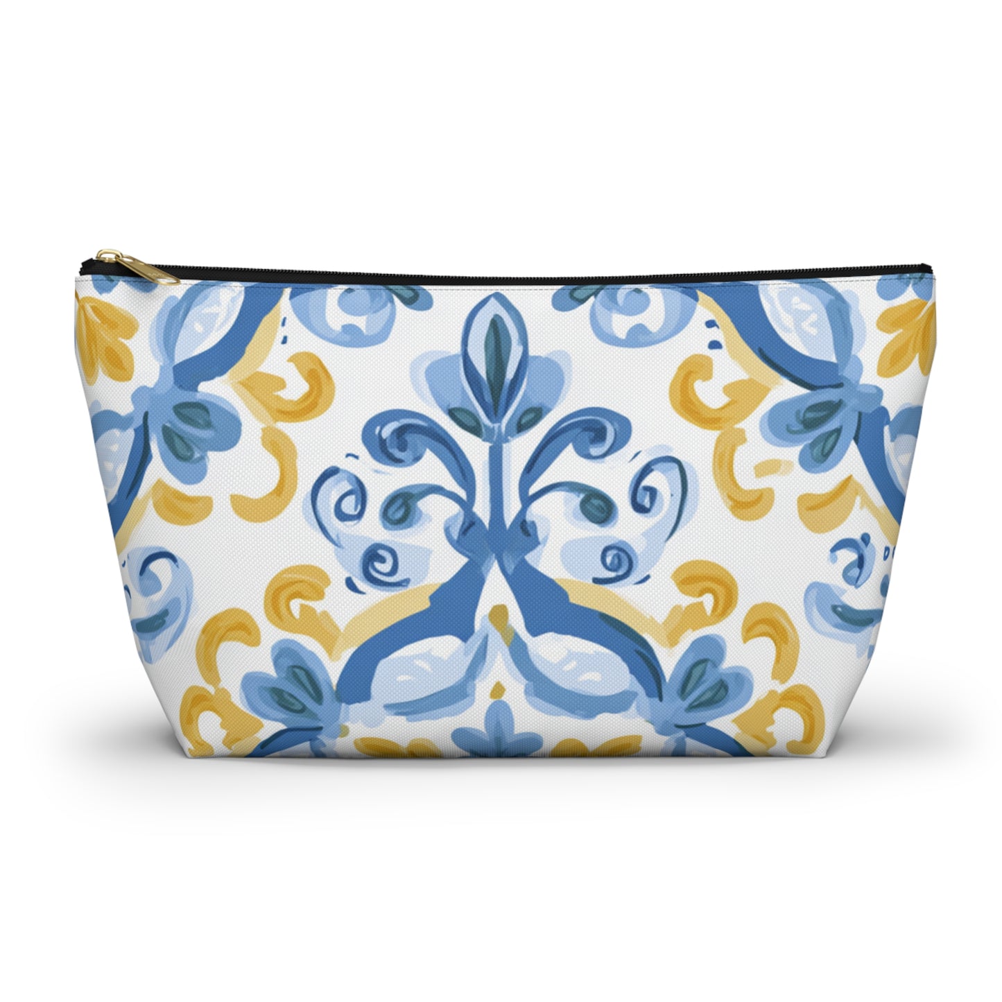 Patterned pouch with blue and yellow design on a white background