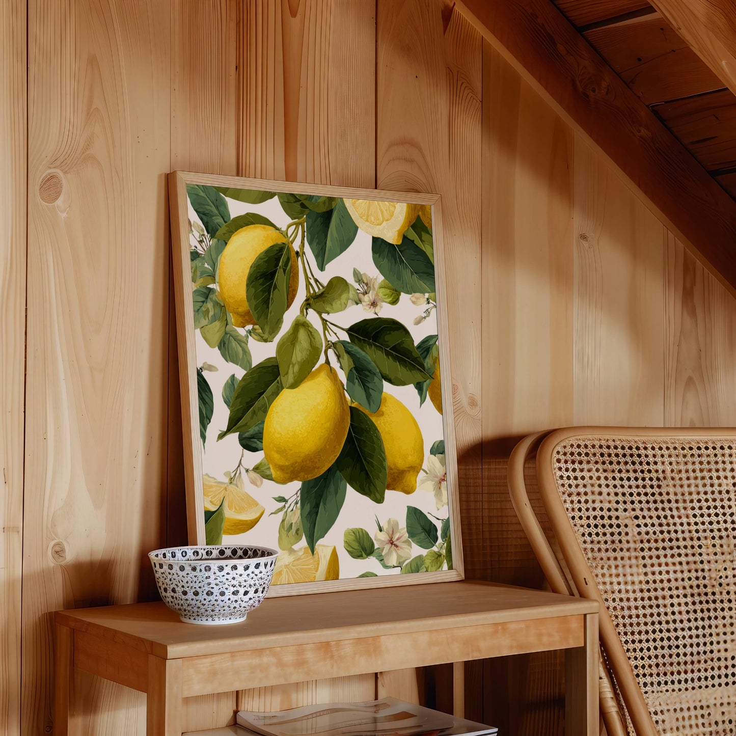 Framed artwork of lemons on a wooden wall with a chair and bowl below.