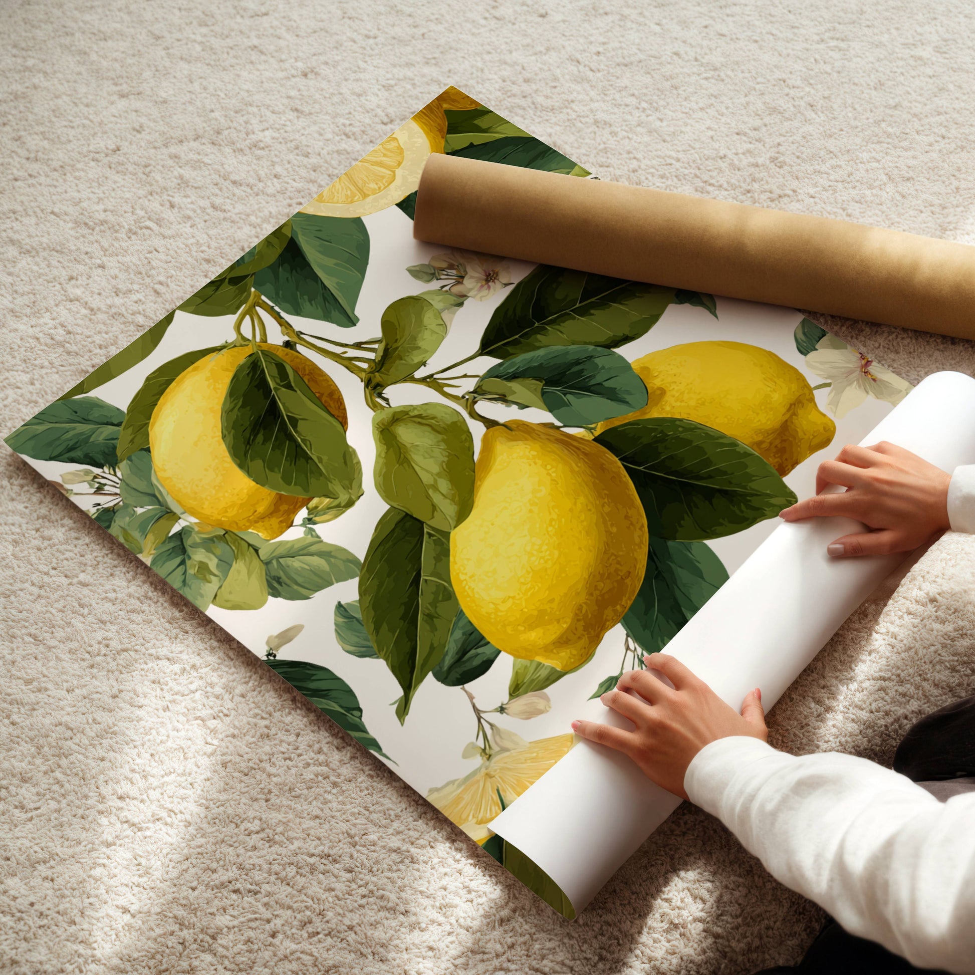 Person unrolling a wallpaper with lemon design on a light-colored floor.