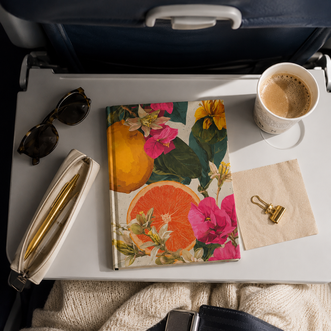 Floral Travel Journal on Airplane Tray