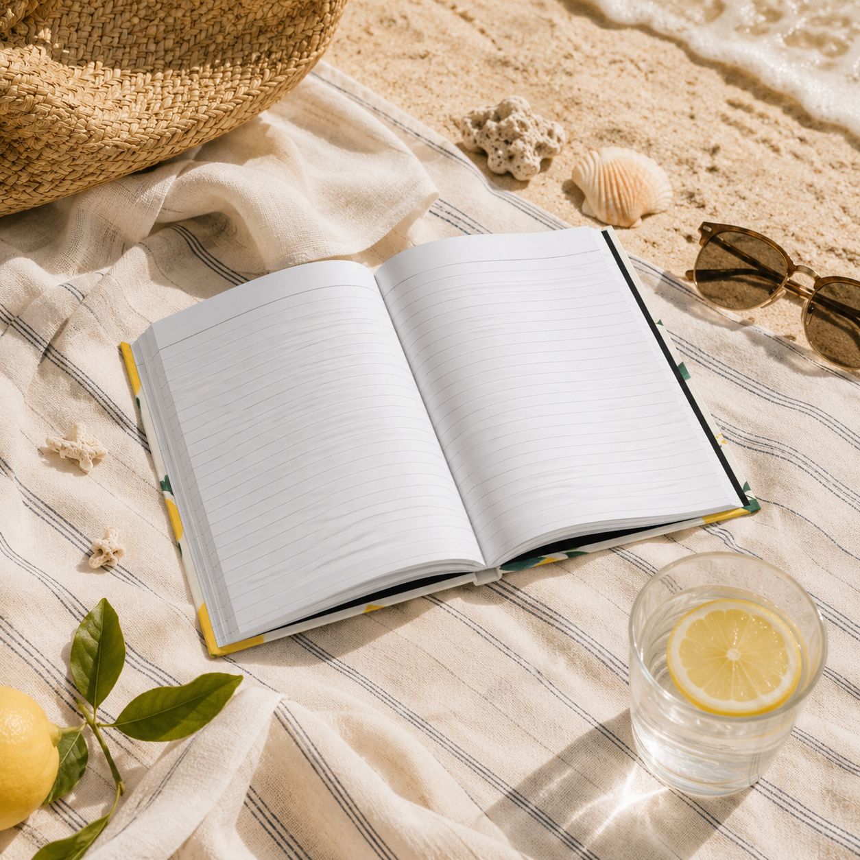 Open lemon journal on a beach with a glass of lemon water, sunglasses, and lemons.