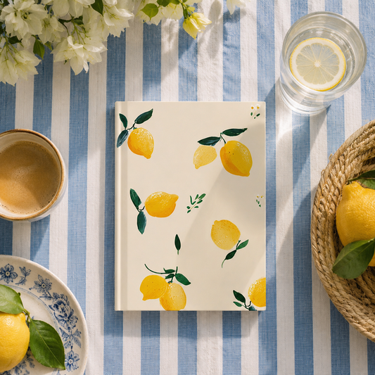 Notebook with lemon design on a blue and white striped tablecloth with lemons and flowers.