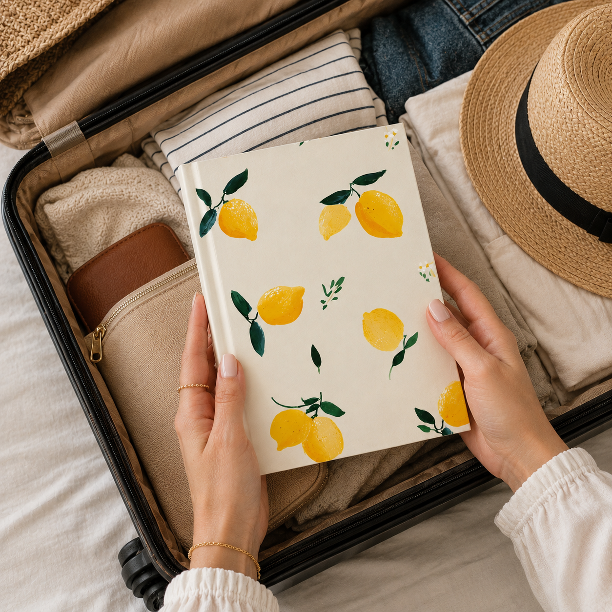 Person holding a notebook with lemon design over an open suitcase filled with clothes and a hat.