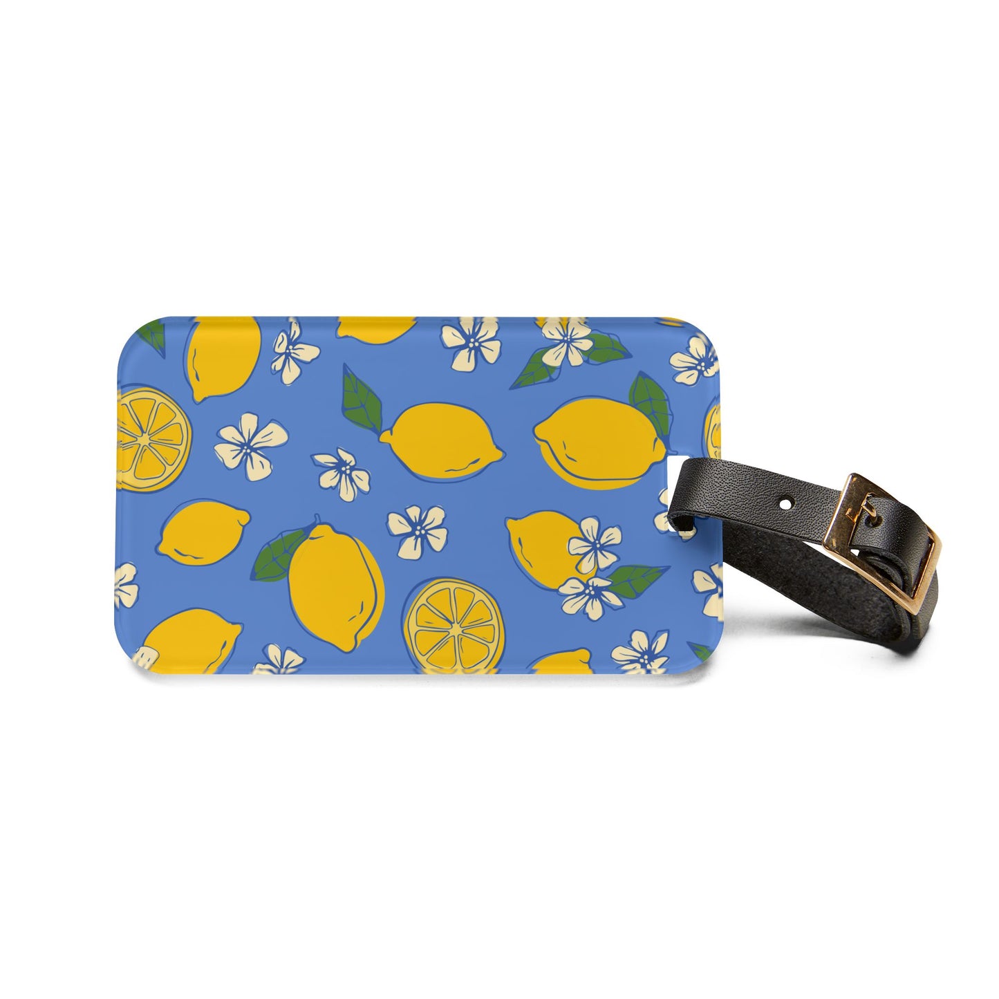 Luggage tag with lemon and flower pattern on a blue background