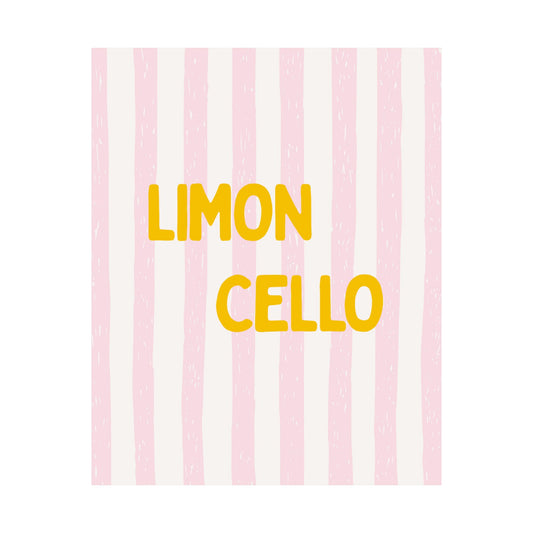 Pink and white striped background with 'LIMON CELLO' text in yellow.