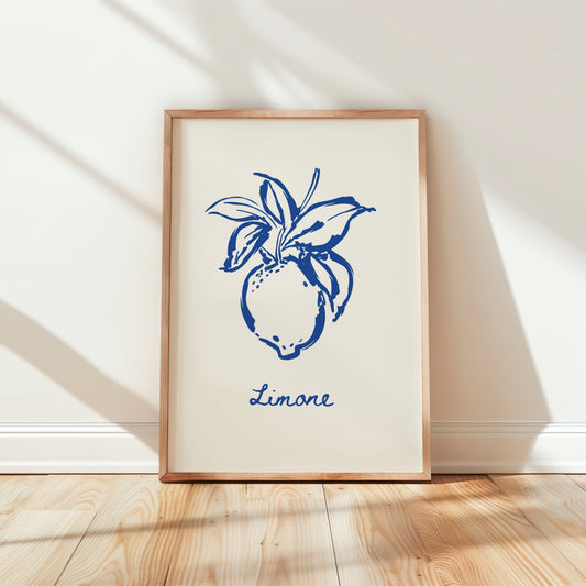 Framed artwork with blue design and 'Limone' text on a white wall.