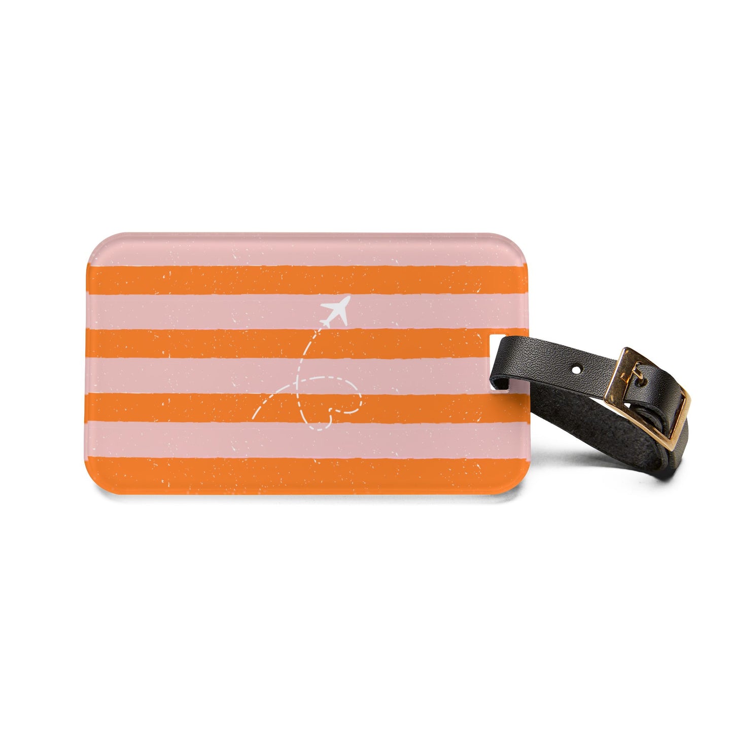 Luggage tag with orange and pink striped design on a white background