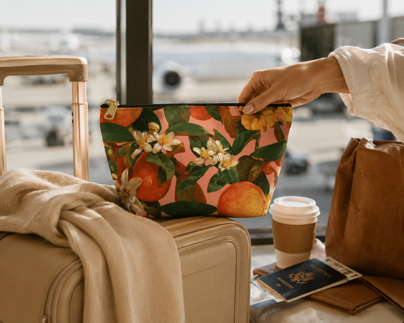 Person holding a floral orange blossom pouch next to a suitcase with a coffee cup and passport on a table.