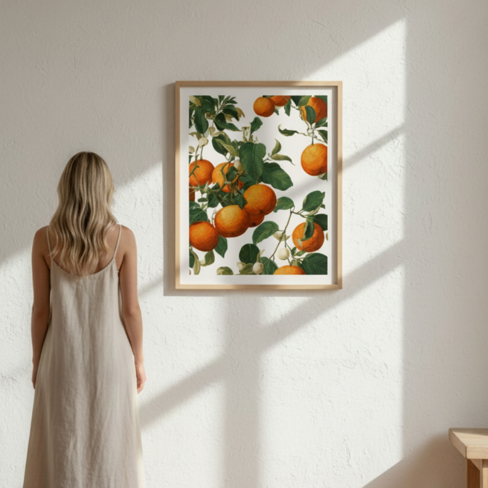 Woman in a long beige dress standing in a sunlit room, looking at a framed botanical print of oranges on a white wall.