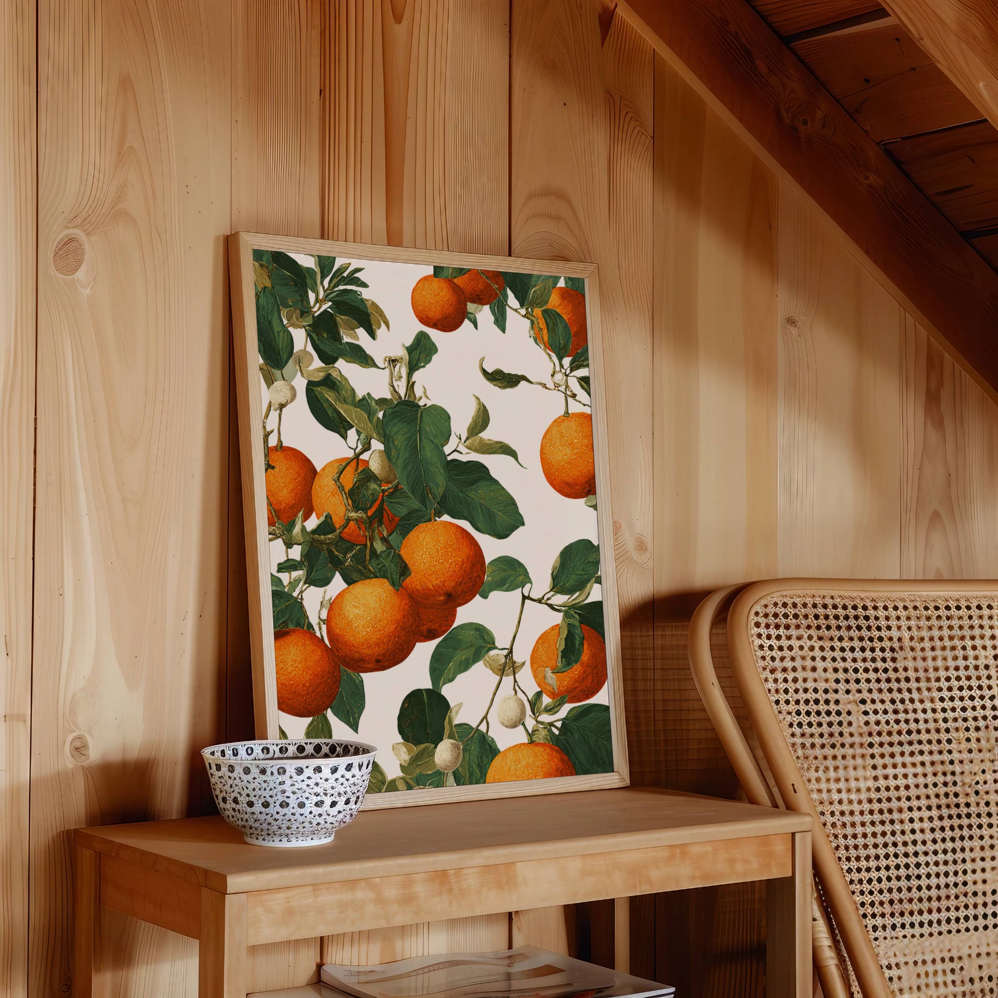 Framed artwork of oranges on a wooden wall with a chair and bowl below.