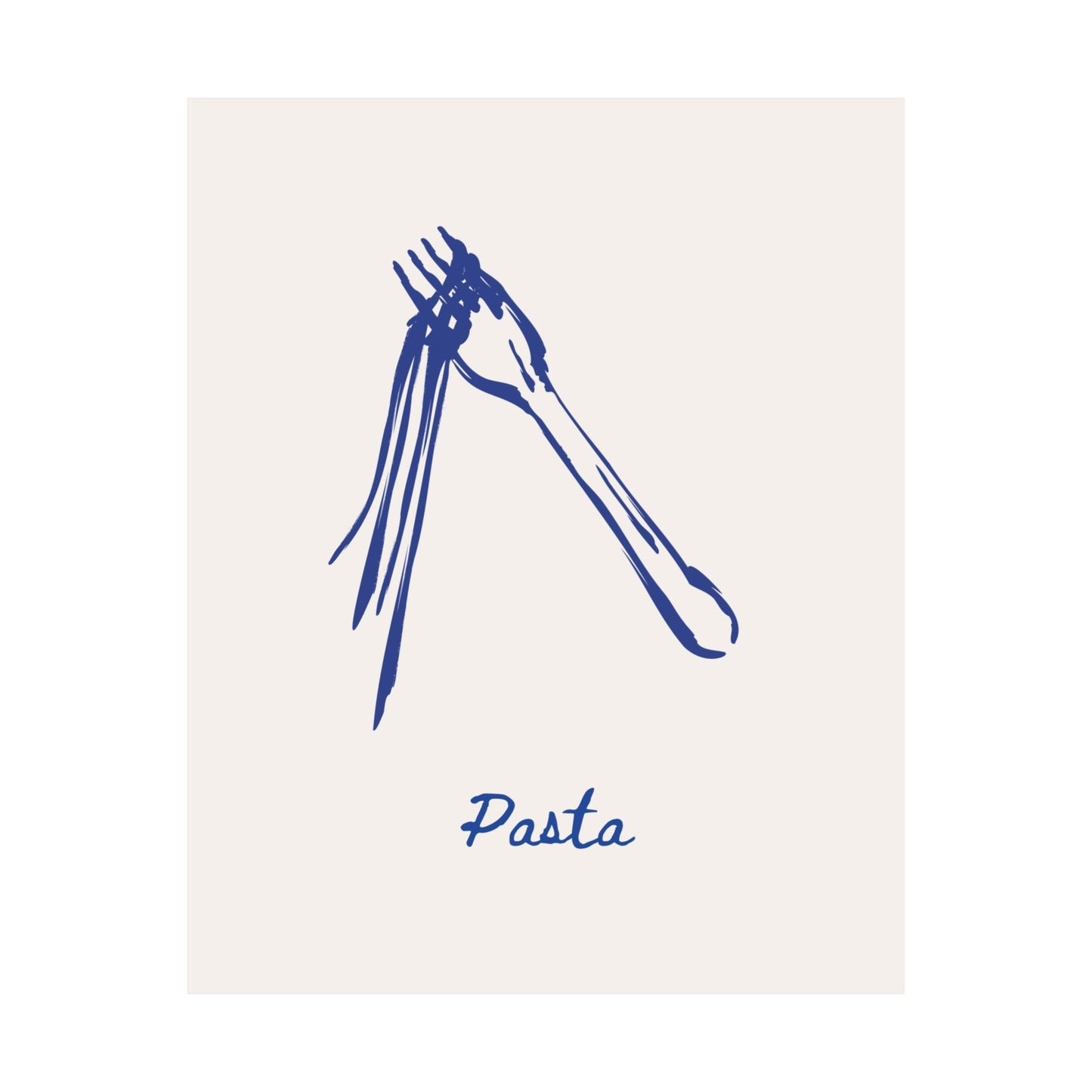 Blue illustration of a fork and spoon with 'Pasta' text on a beige background