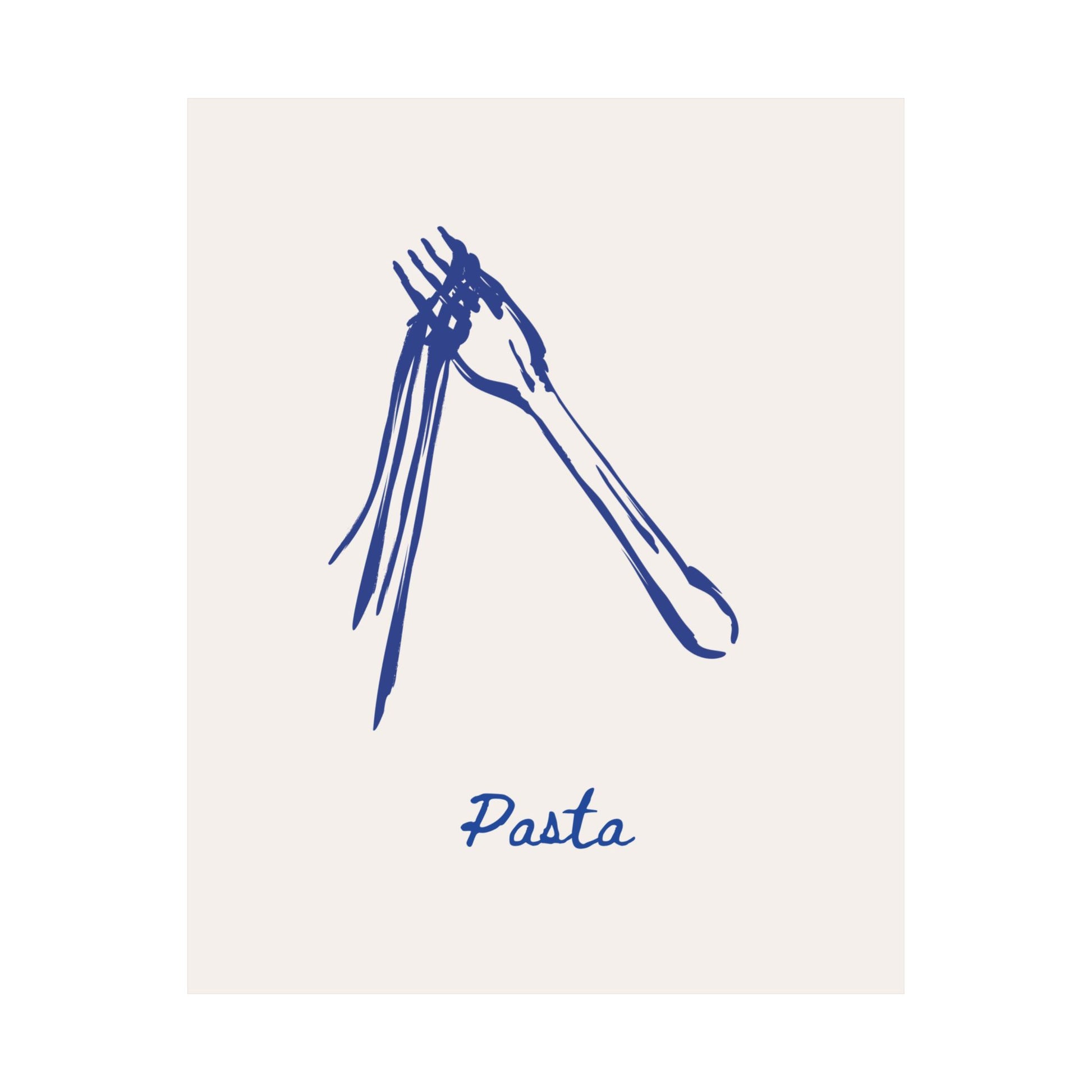 Blue illustration of a fork and spoon with 'Pasta' text on a beige background