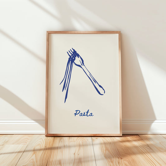Framed artwork of a blue pasta illustration on a white wall.