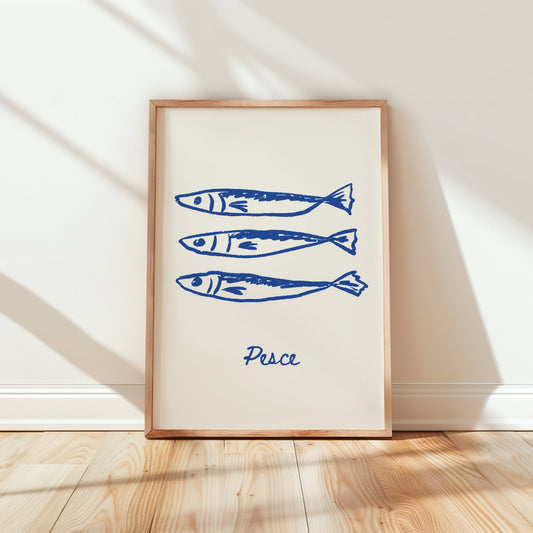 Framed artwork with blue fish illustrations and 'Pesce' text on a white background