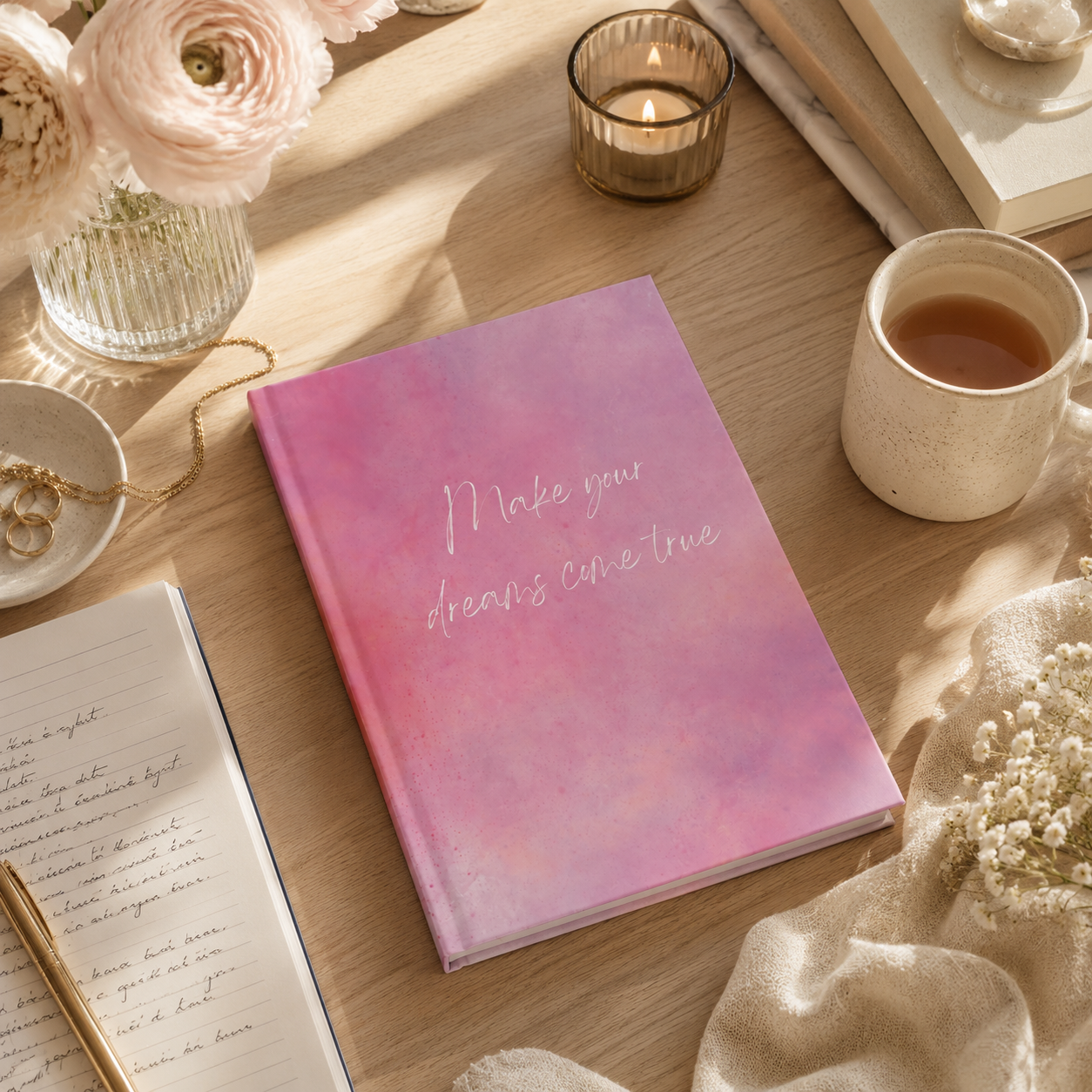 Pink notebook with 'Make your dreams come true' text on a wooden table with flowers and tea.