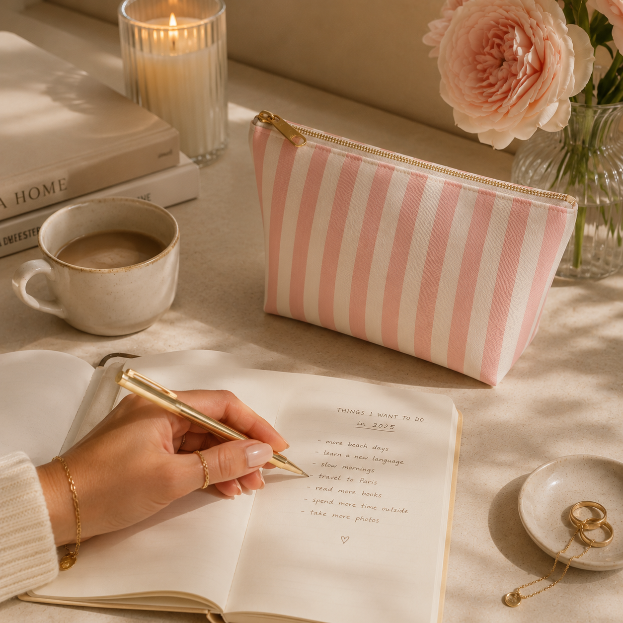 Person writing in a notebook with a pink striped pouch, cup of coffee, and flowers on a table.