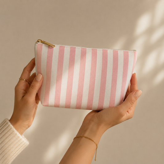 Hand holding a pink and white striped pouch against a beige background