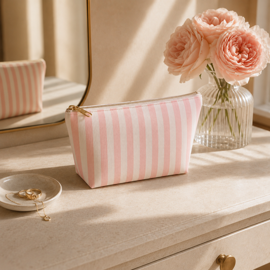 Pink striped pouch on a wooden surface with flowers in the background