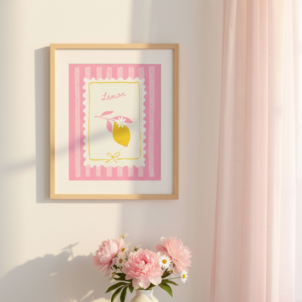 Framed pink artwork with a lemon illustration on a wall with a vase of flowers and a hat on a table below.