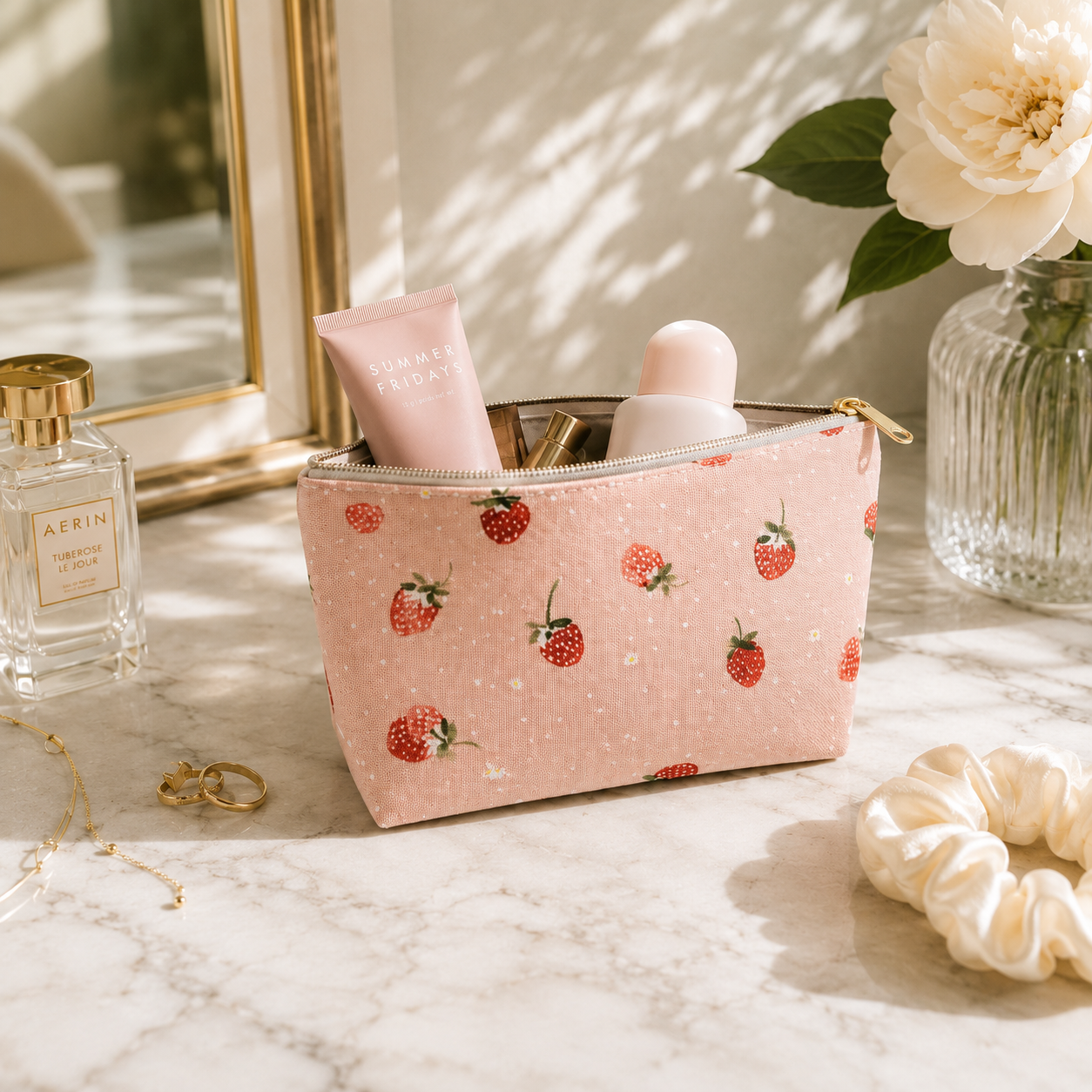 Pink cosmetic bag with strawberry pattern on a marble surface with beauty products and a vase in the background.