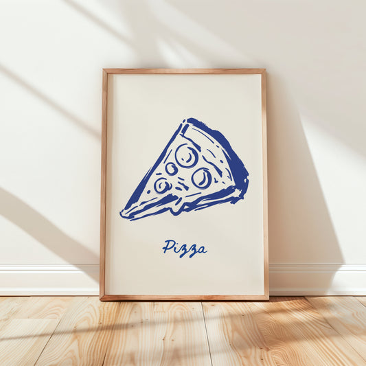 Framed artwork of a blue pizza slice with 'Pizza' text on a white wall.