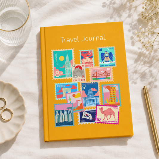 Yellow travel journal with postage stamp designs on a light surface with a pen and glass.