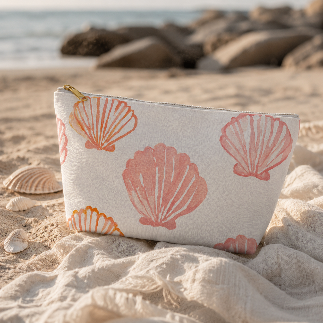 White pouch with pink shell patterns on a sandy beach