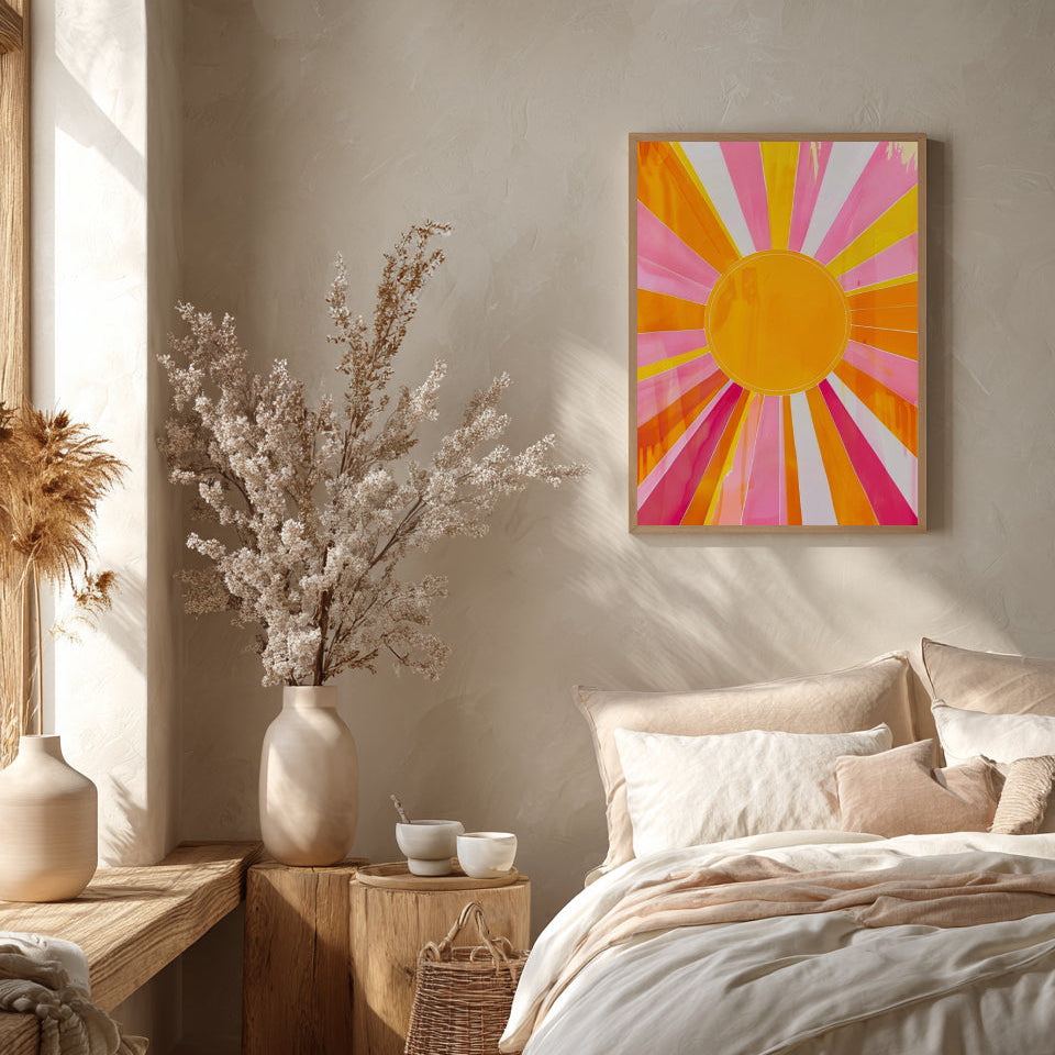 Cozy bedroom with a colorful abstract retro sun painting on the wall