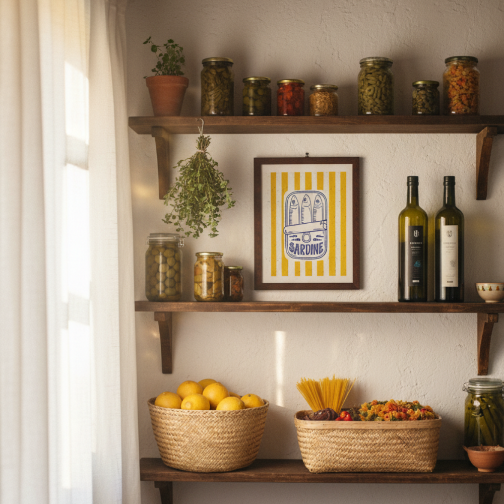 Retro Yellow Striped Sardine Tin Wall Art in italian pantry