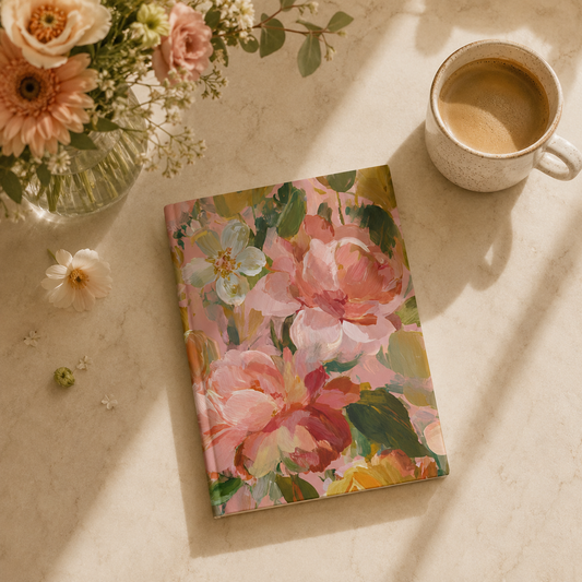 Floral notebook with a cup of coffee and flowers on a light surface
