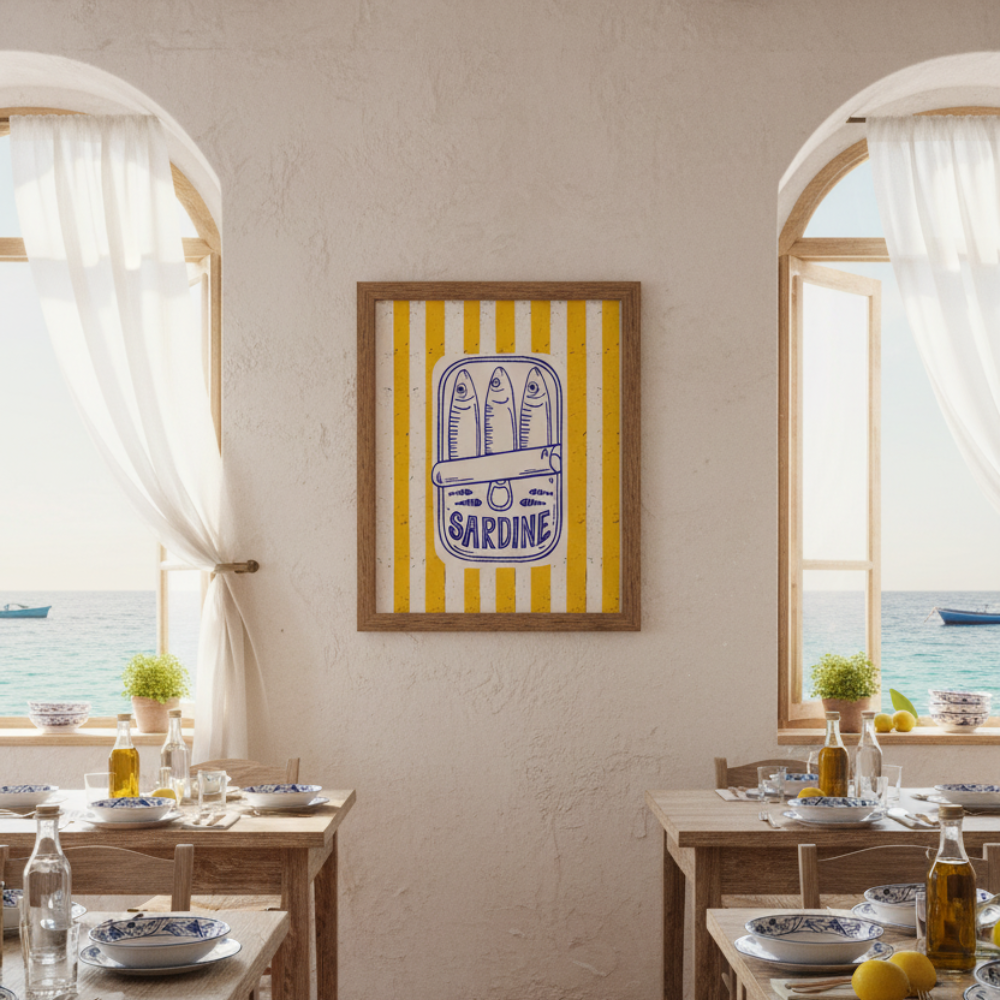 Restaurant interior with tables, chairs, and a decorative Sardine Tin wall art piece.