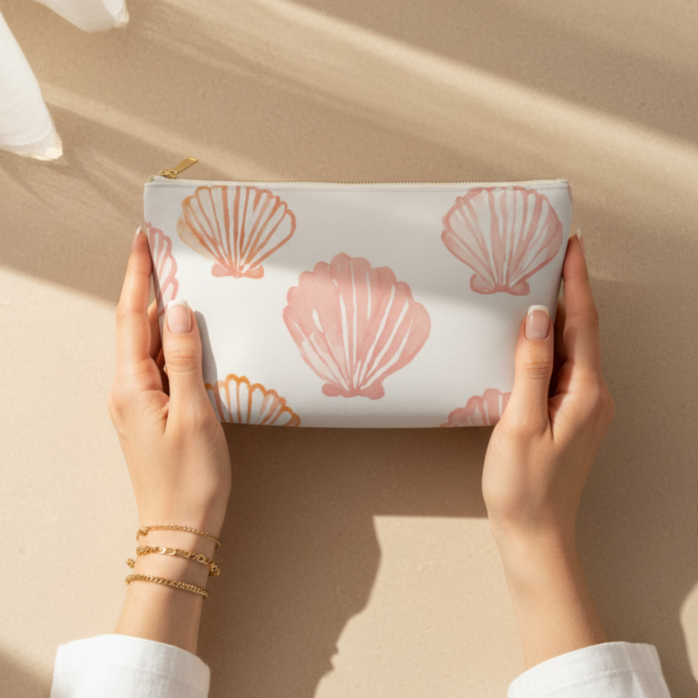 Hands holding a pouch with shell pattern on a beige background