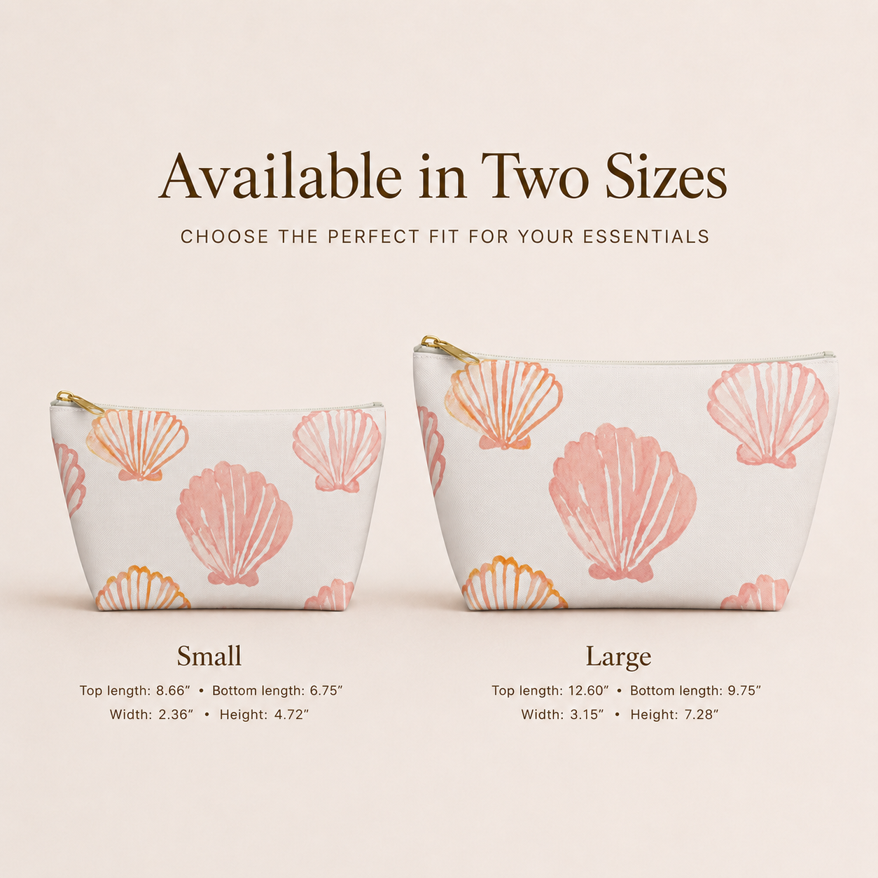 Two pouches with shell pattern, one small and one large, on a beige background.