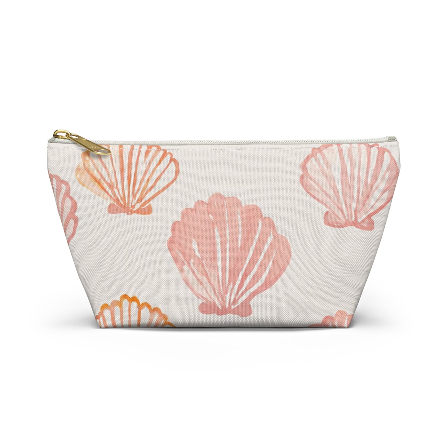 Pouch with pink watercolour shell pattern on a white background

