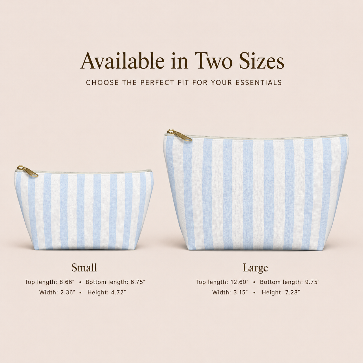 Two striped pouches, one small and one large, on a beige background with text about size options.