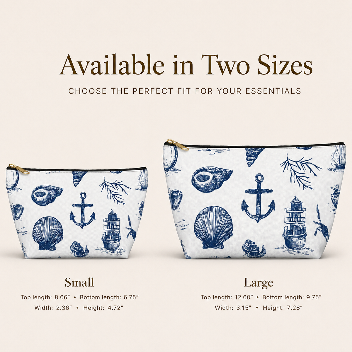 Two pouches with nautical design on a beige background, labeled 'Small' and 'Large'.