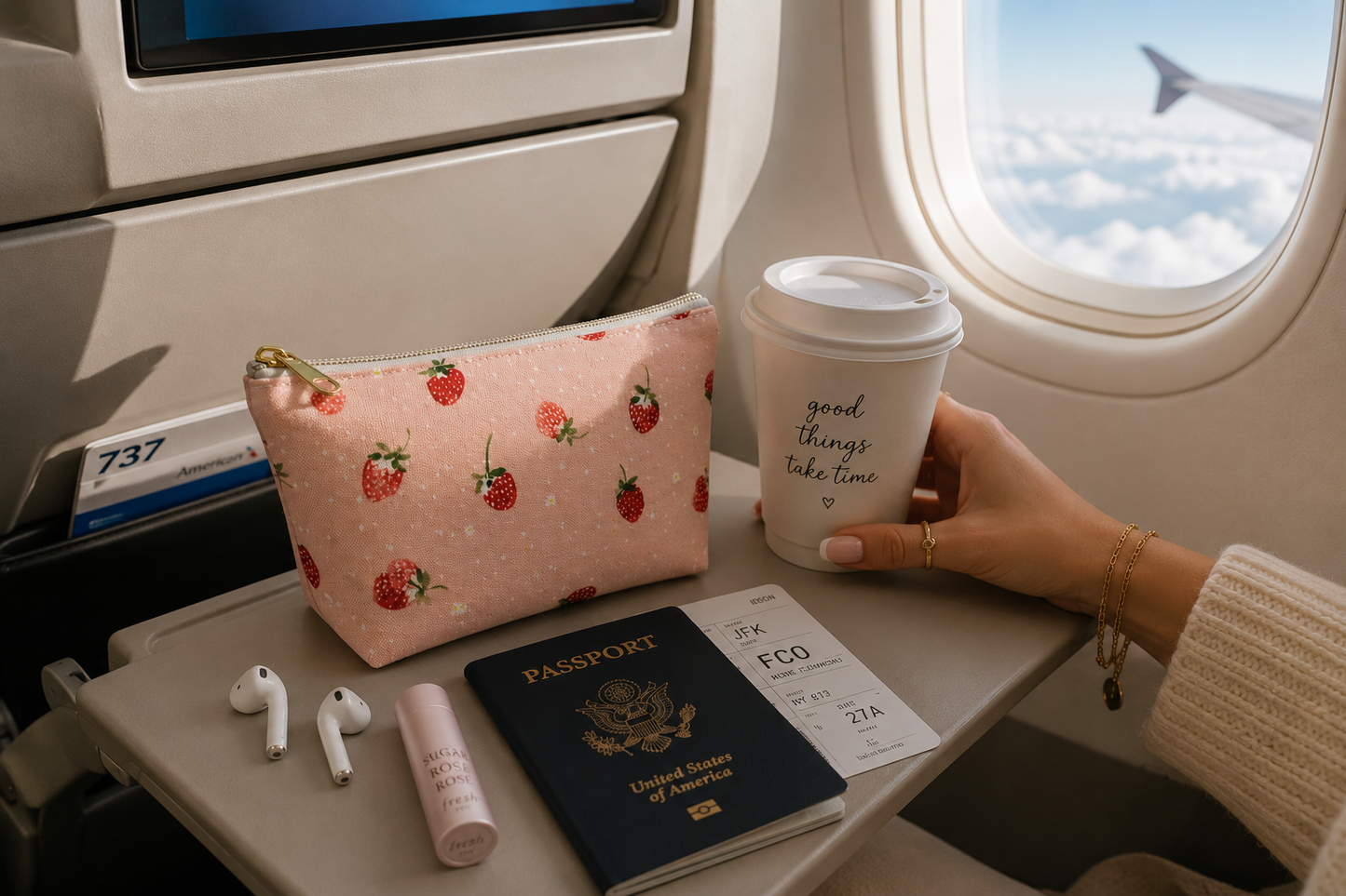 Passenger's hand holding a coffee cup with airplane interior and window view.