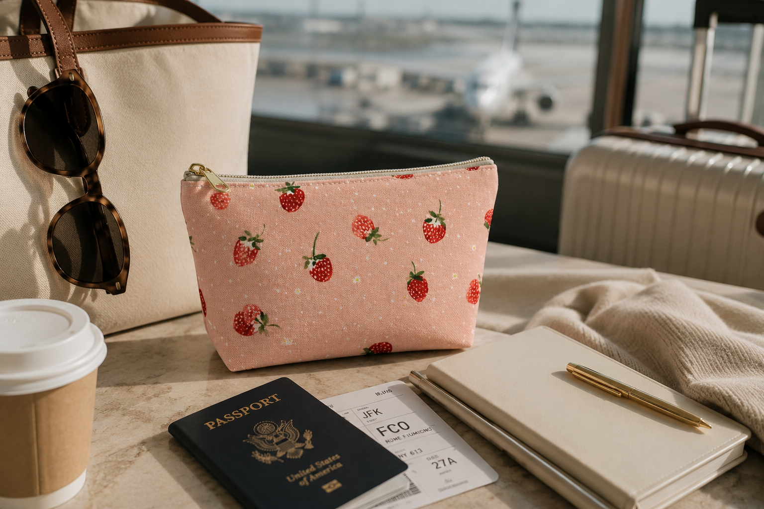 Pink pouch with strawberry pattern on a table at an airport, surrounded by sunglasses, passport, and notebook.