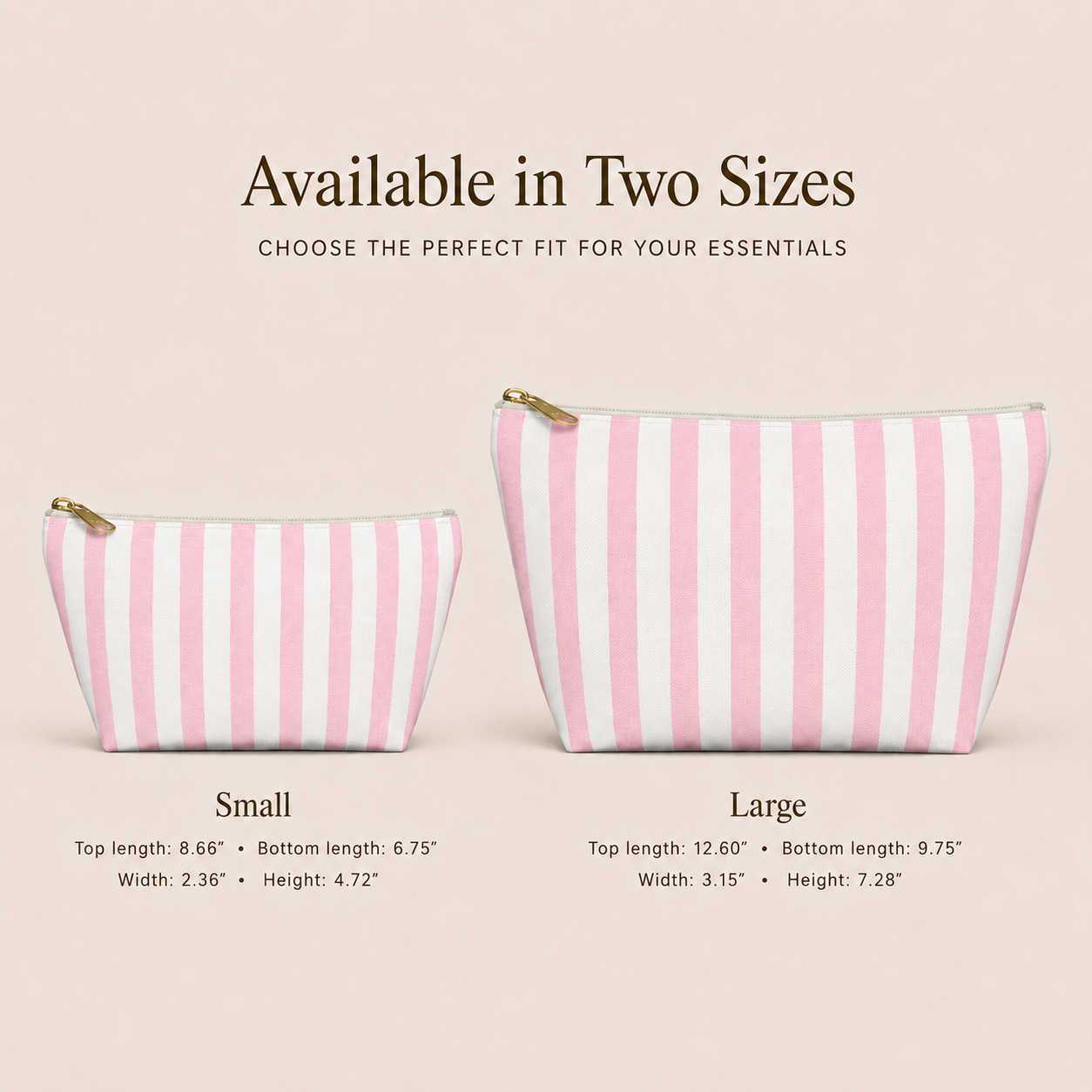 Two pink and white striped bags, one small and one large, on a beige background with text indicating size comparison.
