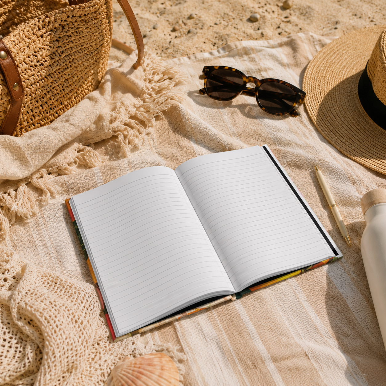 Open notebook on a sandy beach with sunglasses, hat, and water bottle nearby.