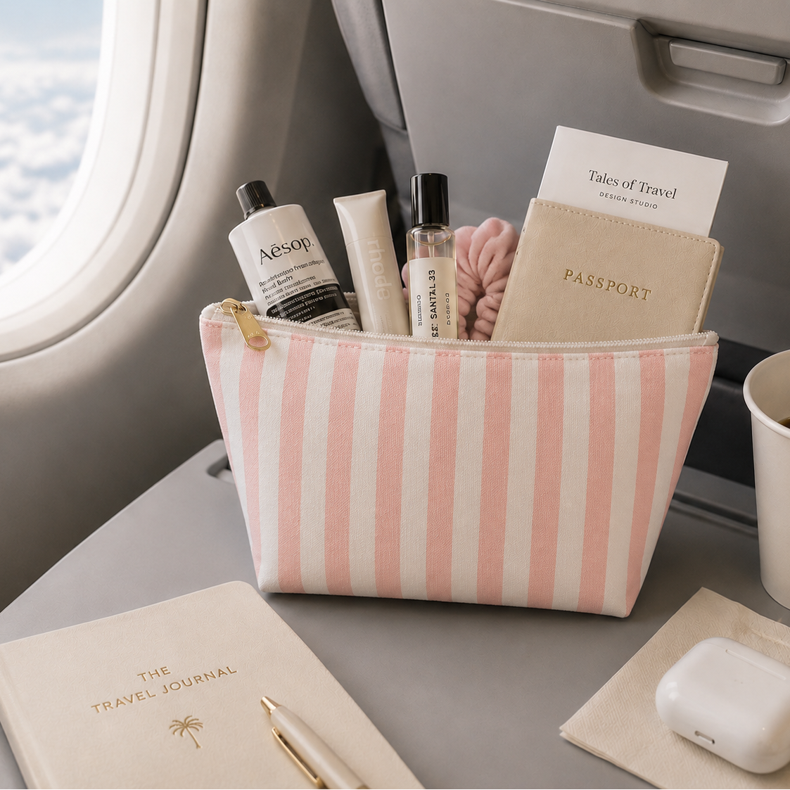 Striped travel bag with travel essentials on an airplane tray table