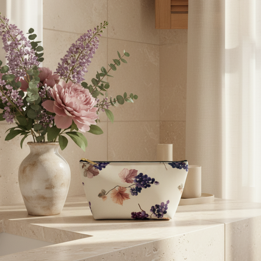 Bathroom counter with floral-patterned sink and vase with flowers