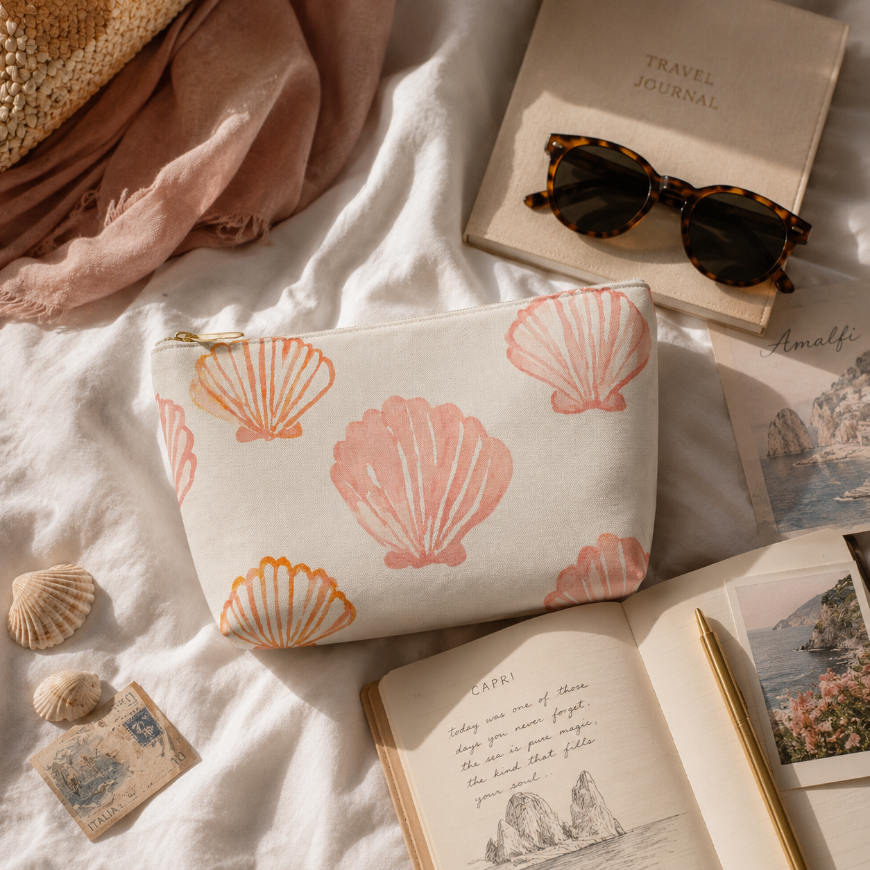 Pouch with shell pattern on a surface with books and sunglasses