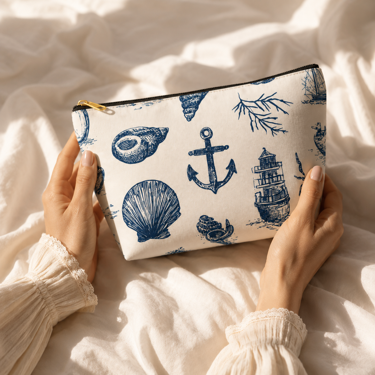 White pouch with blue nautical patterns held by hands on a light fabric background