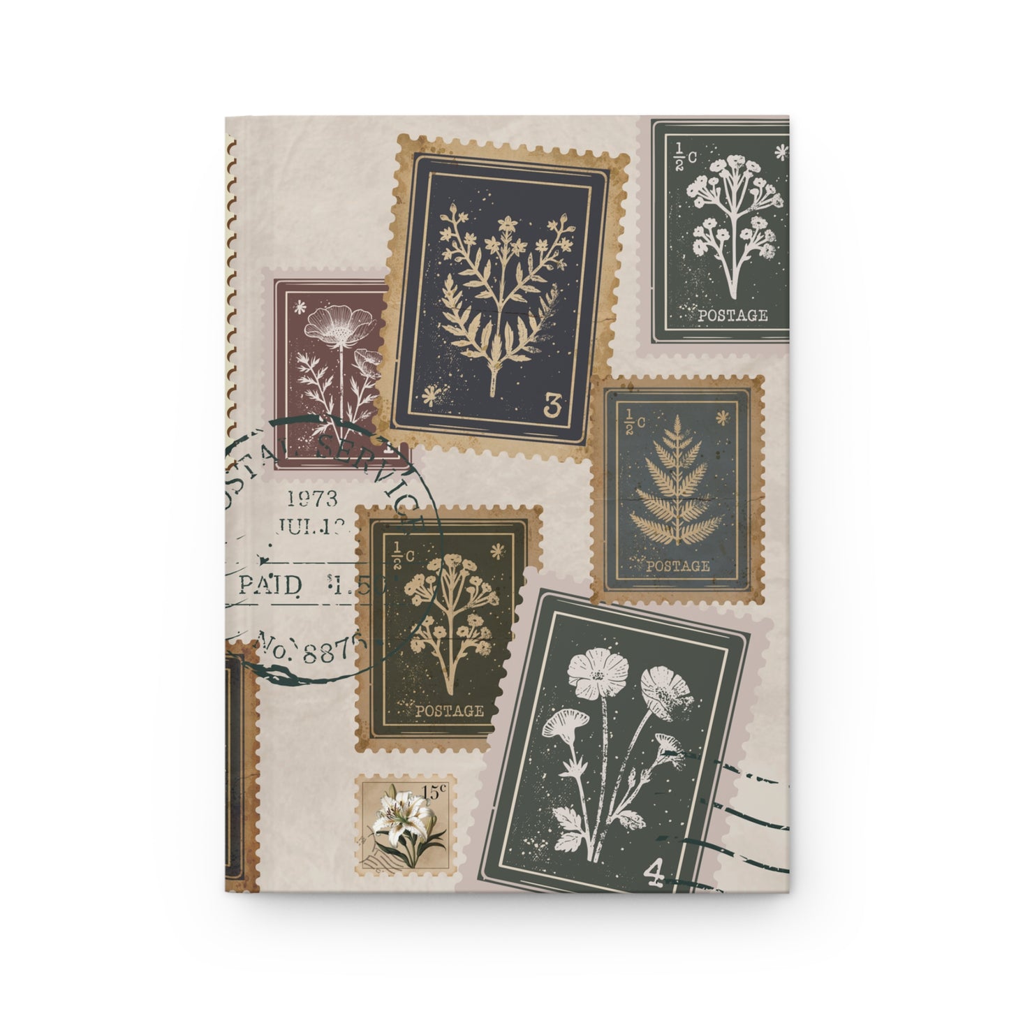 Notebook with vintage-style postage stamp design on a beige background
