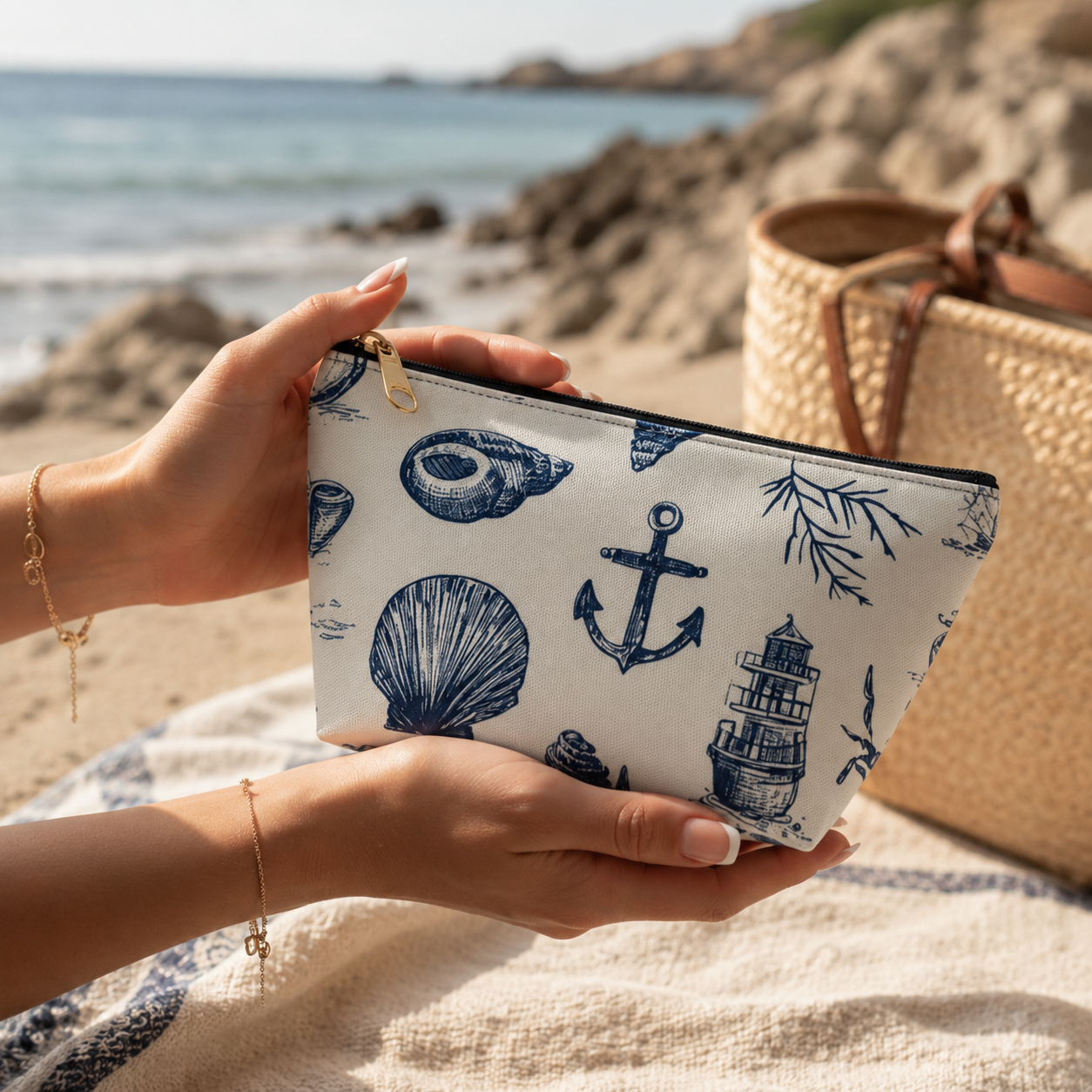 Hand holding a white pouch with blue nautical patterns on a beach.