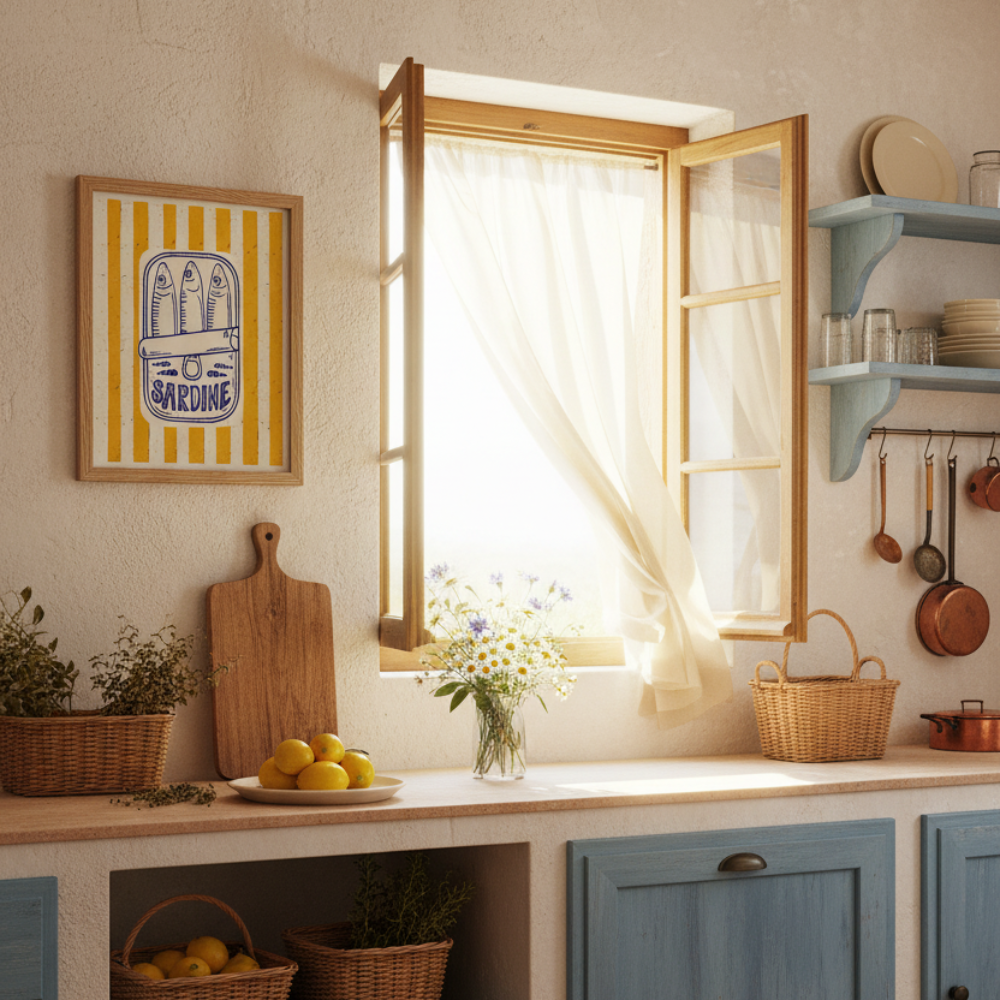Yellow Striped Sardine Tin Art Print for Kitchen. Mediterranean Style.