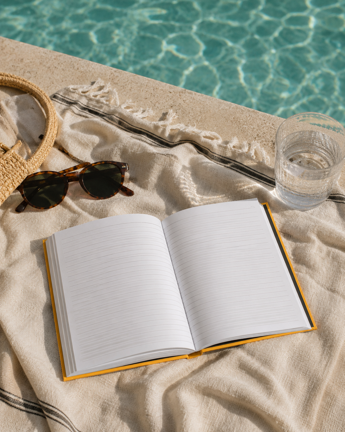 Open book, sunglasses, and water bottle on a towel by a poolside