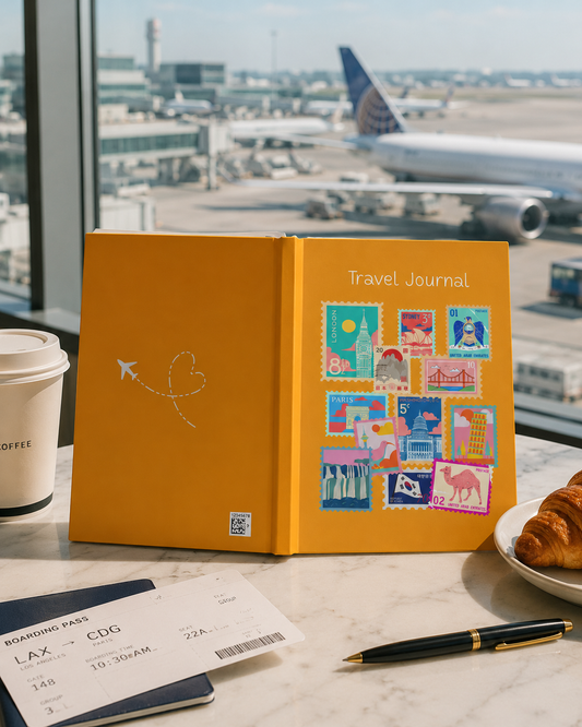 Yellow travel journal with colorful stamps on a table at an airport.