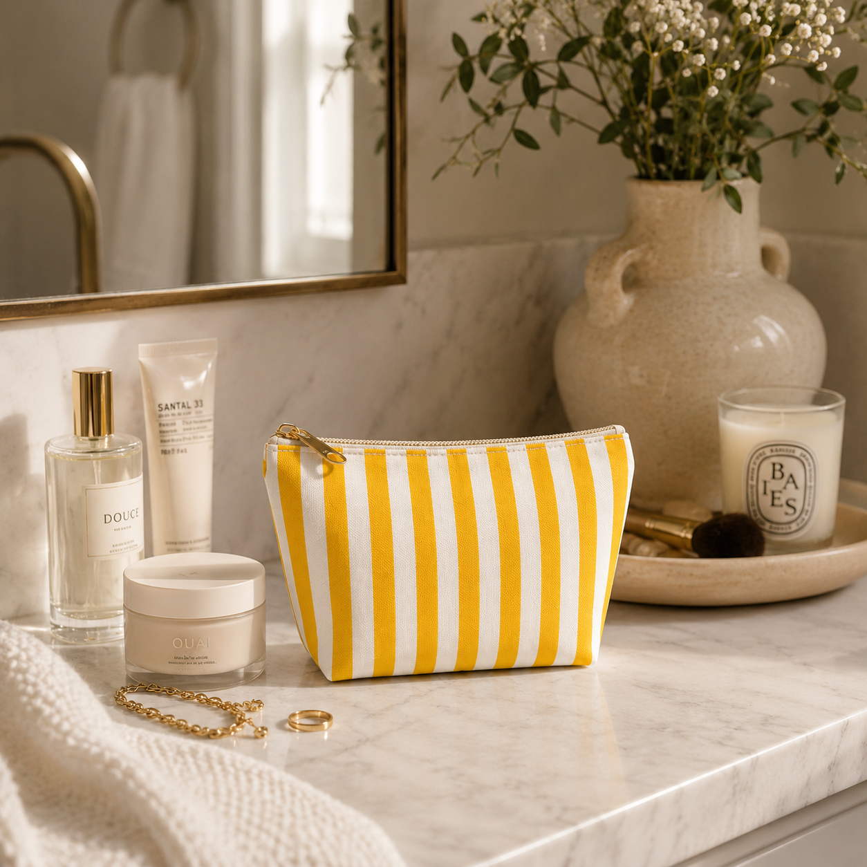 Yellow and white striped makeup bag on a marble surface with skincare products and a vase in the background.